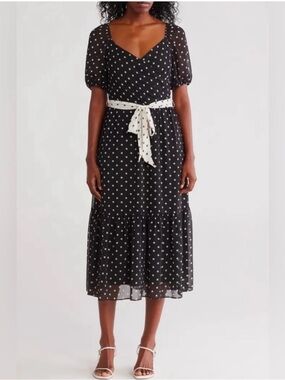 julia jordan Black Polka Dot Midi Dress with White Tie